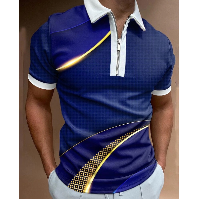 Men's Striped Short Sleeve Polo Shirt, Casual Tight Round Neck T-shirt And Zipper, Summer, 2023Male Tops