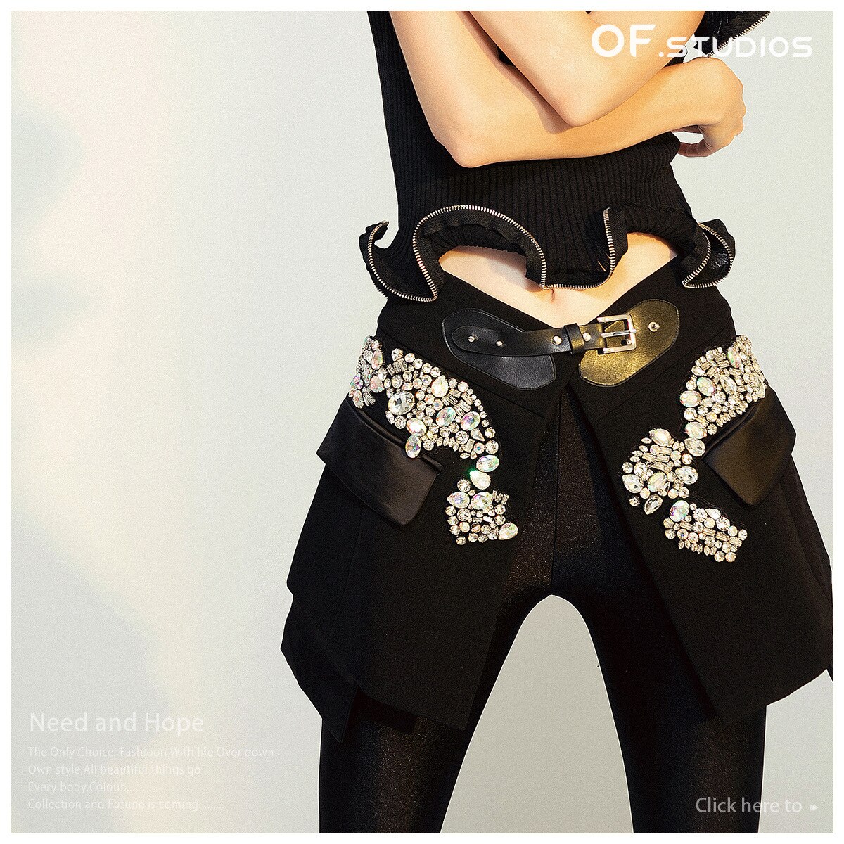 2 spring and summer high street tide heavy industry beading bling stitching pu buckle girdle skirt female 1176