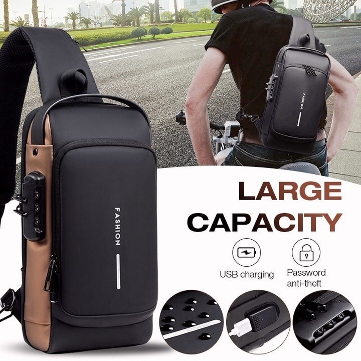 Multifunction Patent Leather Chest Bag Men Waterproof Crossbody Bag Anti-theft Travel Shoulder Bag USB Charging Sport Sling Pack