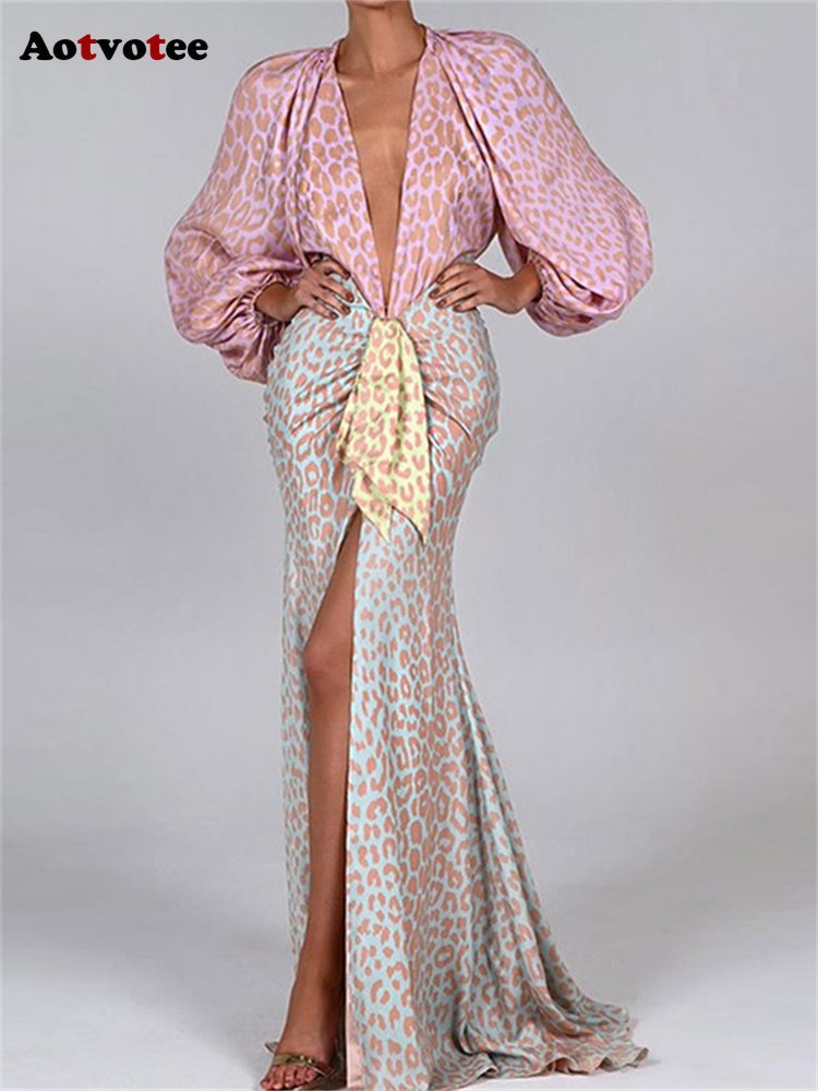 Aotvotee V Neck Maxi Dresses for Women 2023 New Fashion Vintage Lantern Sleeve Floor Length Long Dress Elegant Print Split Dress