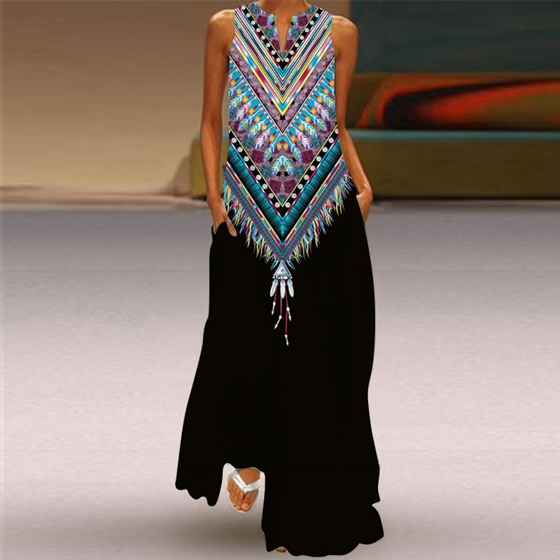 Bohemian Printed Long Dress Women Vintage Sleeveless V-Neck Maxi Dresses Ladies Casual Pocket Beach Party Dress Vestidos Clothes