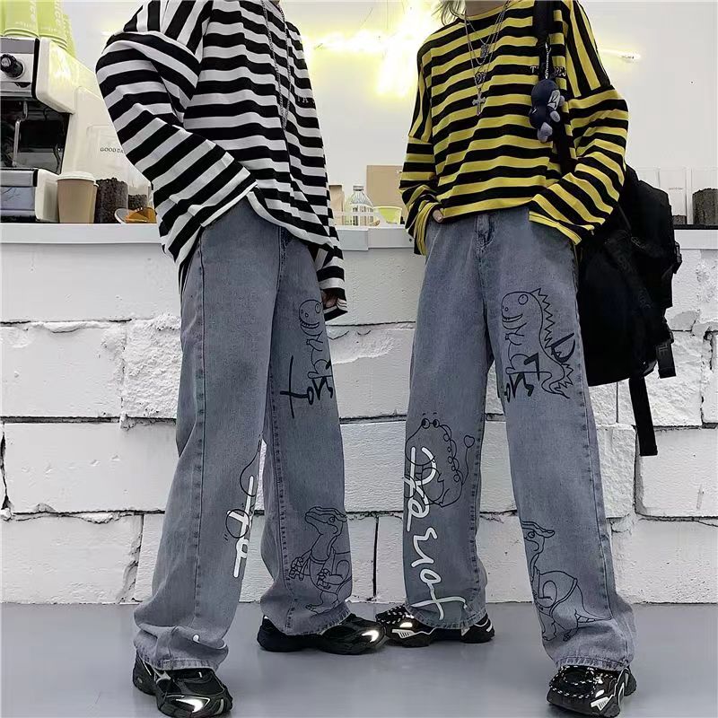 Dinosaur Print Jeans Girl Boyfriend Straight Leg Pants Boy Pants Harajuku Kawaii Jeans High Waist Loose Cool Autumn Jeans Girl