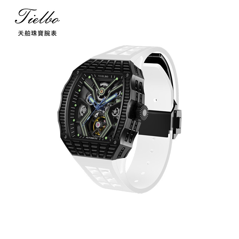 TIELBO Men Automatic Watch Luxury Watches Fashion Tonneau Mechanical Wristwatch Waterproof Sapphire Luminous Punk Rubber
