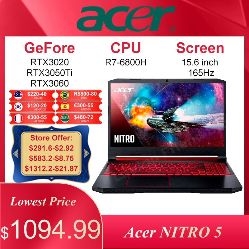 Original Acer NITRO 5 Gaming Laptops 15.6 Inch FHD 165Hz 3ms IPS Screen Laptop Computer AMD R7-6800H 16GB 512GB RTX3060 Notebook