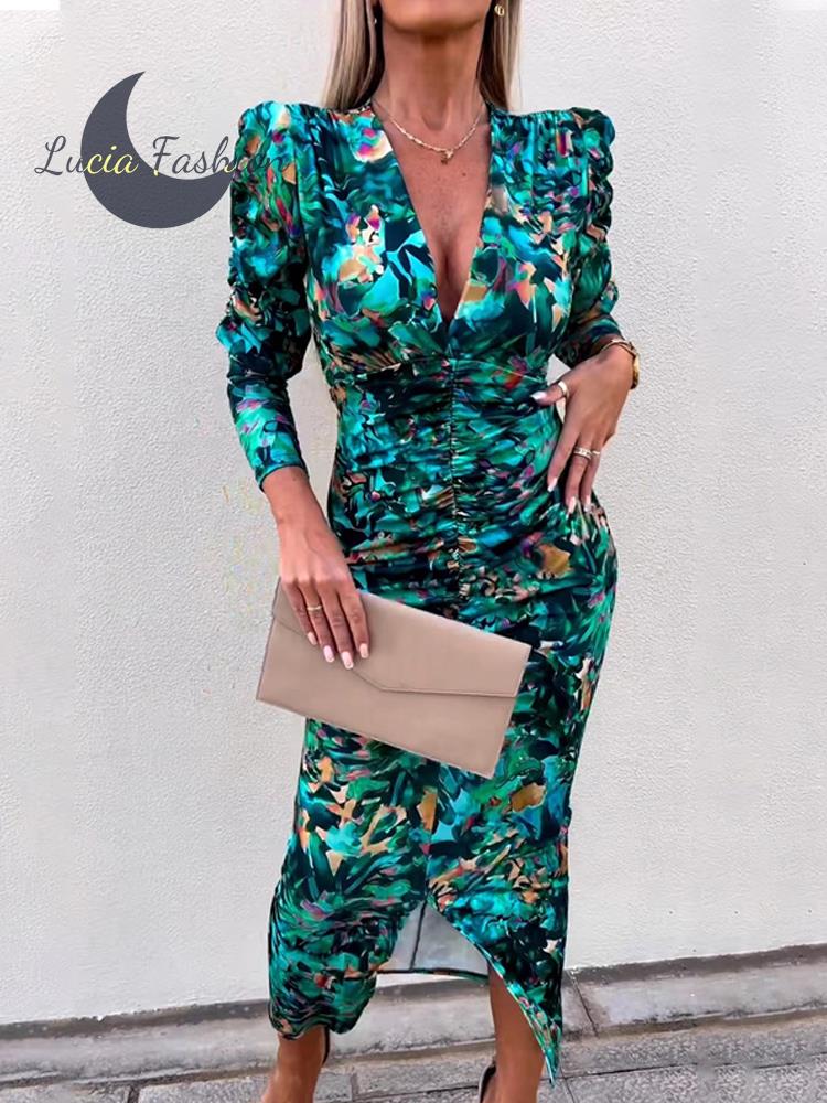 Women Luxury Party Dress Deep V-neck Puff Sleeve Printed Floral Bodycon y2k Vintage Split Eleastic Female Summer Prom Dresses