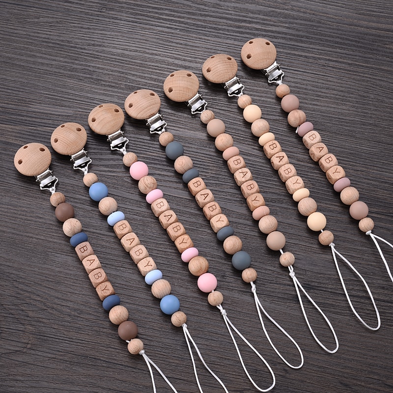 New Wooden Beech Letter Beads Baby Pacifier Clips Silicone Beads Anti-Lost Pacifier Chain for Dummy Nipple Holder