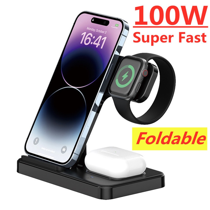 100W 3 in 1 Wireless Charger Stand For iPhone 14 13 12 11 Fast Foldable Charging Station Dock For Apple Watch 7 6 SE AirPods Pro