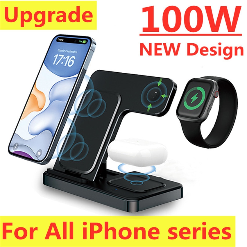 100W 3 In 1 Wireless Charger Stand For iPhone 14 13 12 11 XS XR X 8 Fast Charging Dock Station for Apple Watch 8 7 Airpods Pro