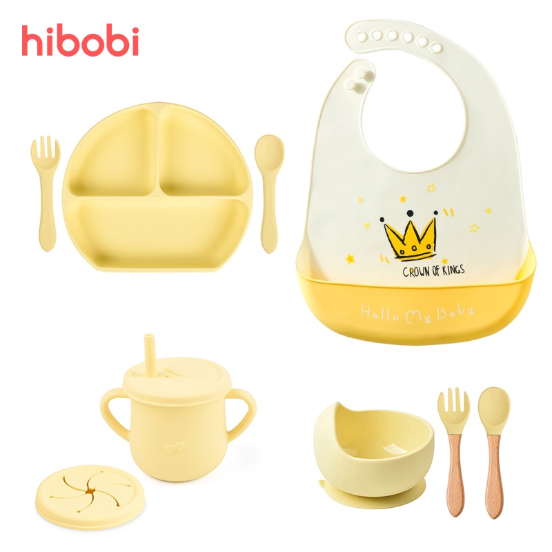 4/6/8 PCS Baby Soft Silicone Bib Cartoon Printed Bibs Sucker Bowl Plate Cup Spoon Fork Sets Non-slip Children's Dishes BPA Free